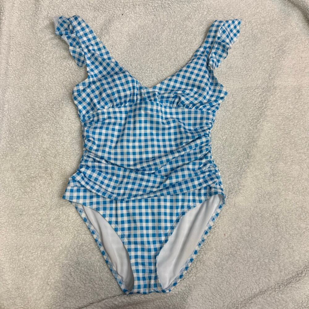 Ellen Tracy Blue White Gingham Check ONe Piece Swimsuit 10 Ruched Ruffle M